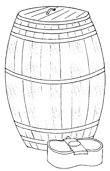 Labor-saving hog waterer. The barrel is a common flour barrel to which has been attached a watering device that operates on the float principle. The animals push down on these floats with their snouts, permitting the water to flow freely from the barrel.